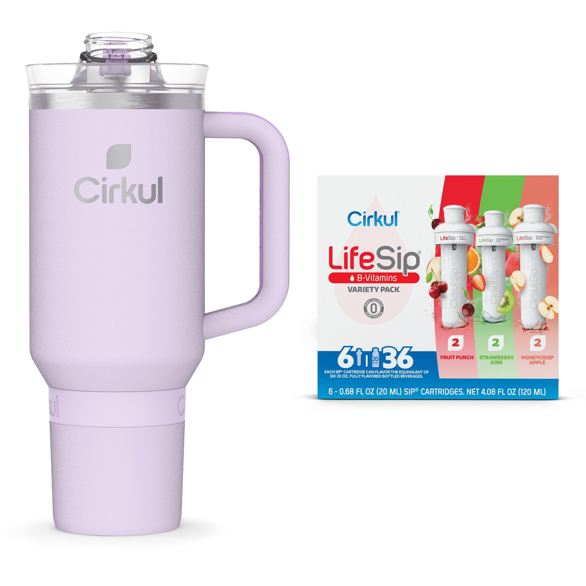 Cirkul 40oz All-Day StrawSip, Lilac Purple with LifeSip Flavor Cartridge Variety Pack, Drink Mix, 6-pack