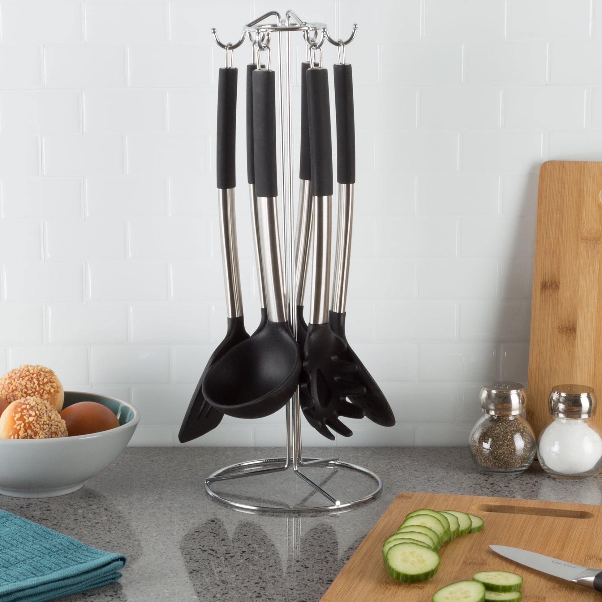 Kitchen Utensil Set, 7 Piece Cooking Tools, Stainless Steel and Silicone with Kitchen Organizer Caddy- Heat Resistant, Nonstick by Classic Cuisine