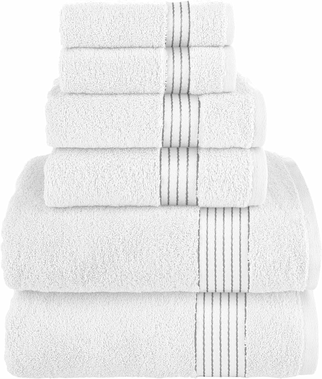 Clearance Cotton 6-Piece Towel Set, Includes 2 Washcloths, 2 Hand Towels and 2 Bath Towels, 100% Turkish Cotton - Highly Absorbent and Super Soft Towels for Bathroom, White/Gray
