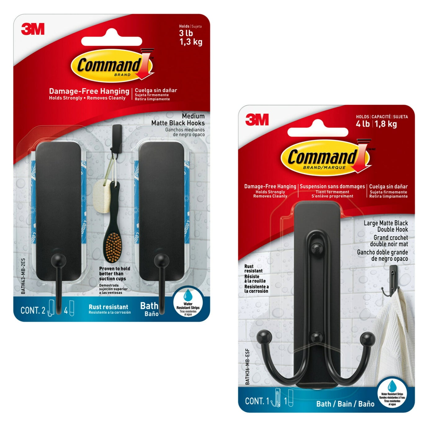 Command Bath Hook, Medium, Matte Black, 2 Hooks and Command Large Double Bathroom Wall Hook, 1 Metal Hook