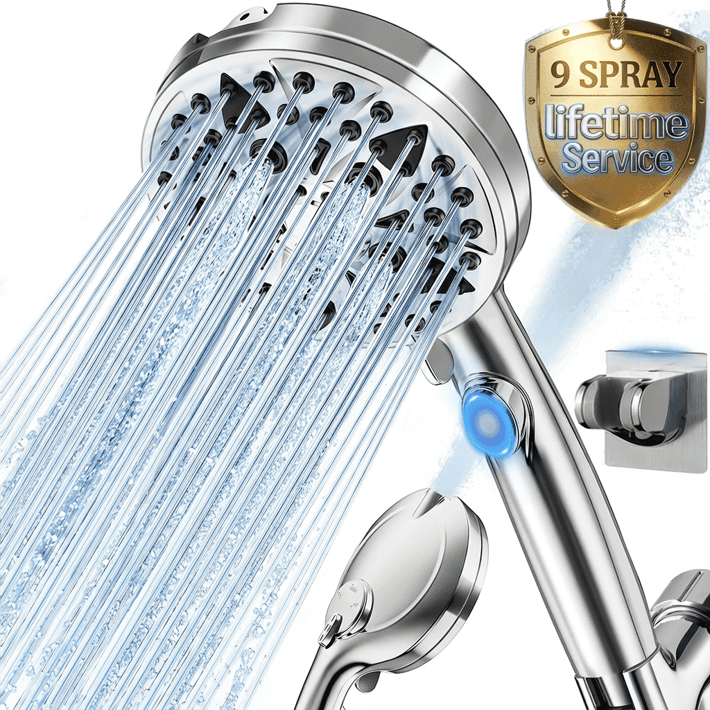 Shower Head, 9-Mode High Pressure Shower Head with Handheld & ON/Off Switch, Anti-clog Nozzles & Built-in Spray, With Stainless Steel Hose, Wall & Overhead Bracket