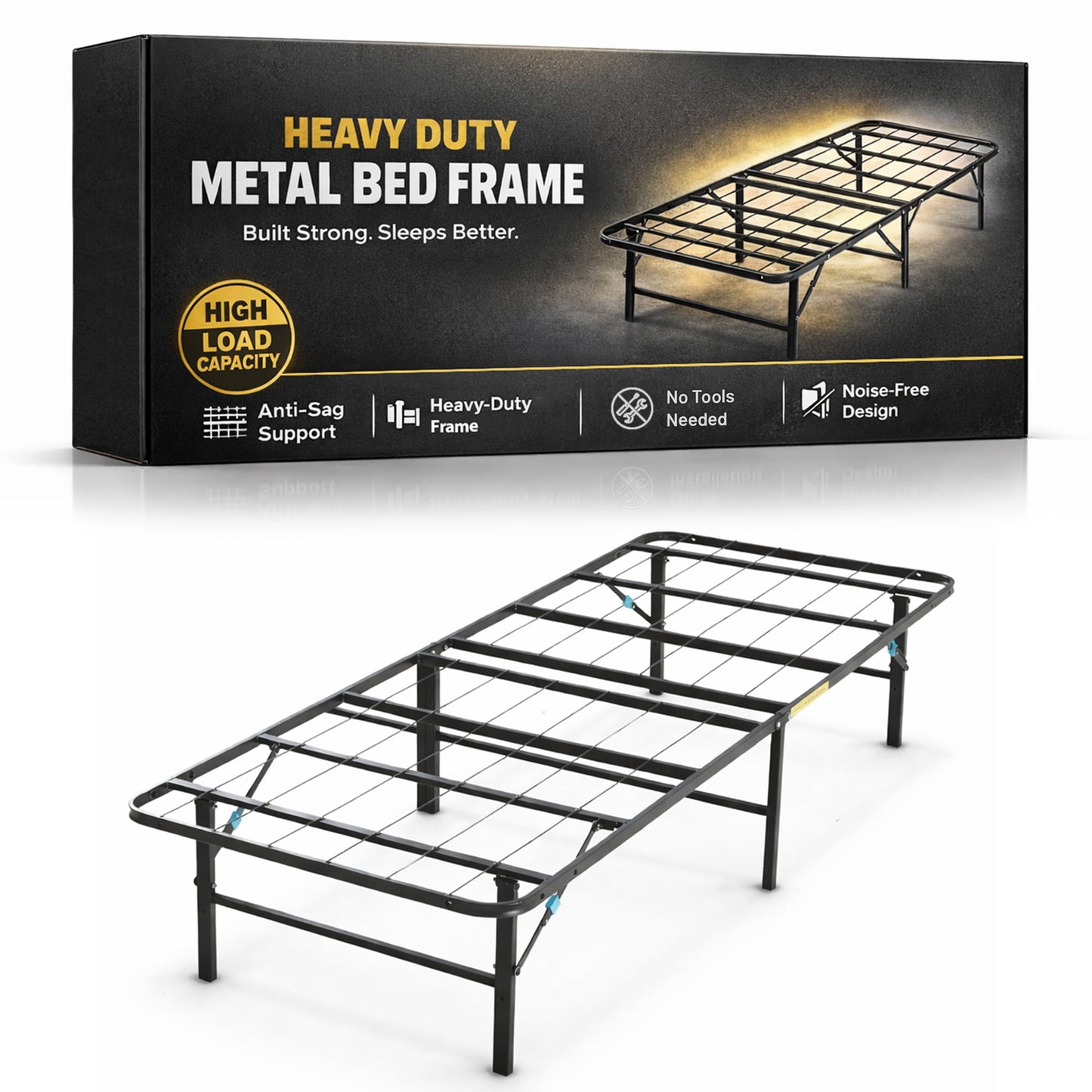 Continental Sleep, 14-Inch Foldable Metal Platform Bed Frame with Tool Free Setup, Sturdy Steel, No Box Spring Needed, Twin, Black