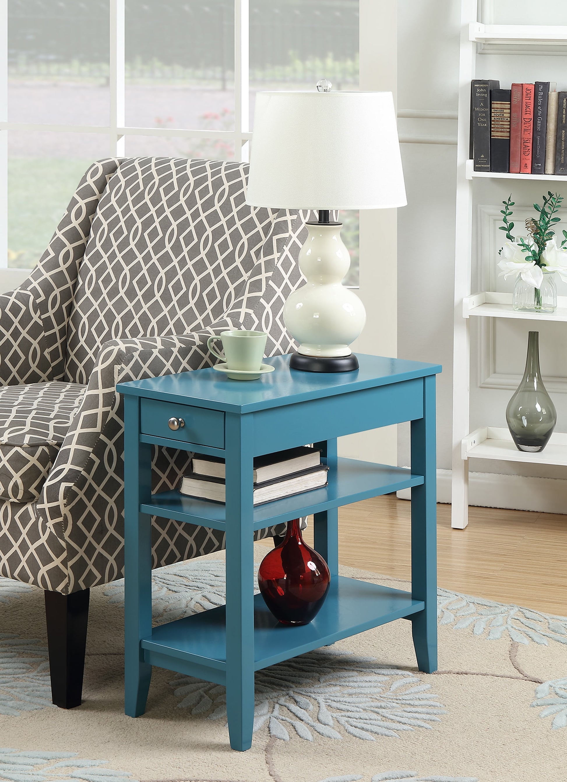 Convenience Concepts American Heritage 1 Drawer Chairside End Table with Shelves, Blue