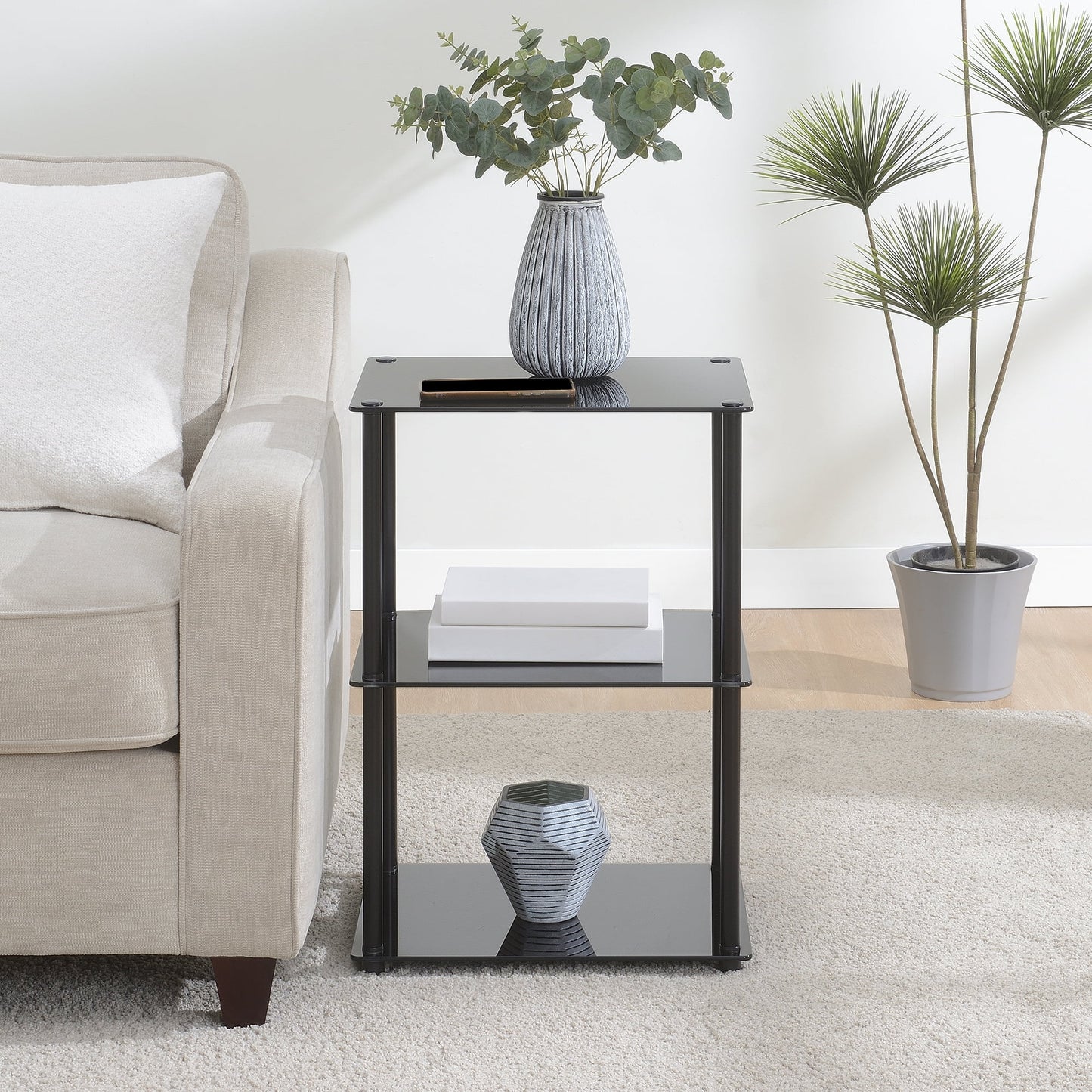 Convenience Concepts Designs2Go Classic Glass Tall 3 Tier End Table, Black Glass