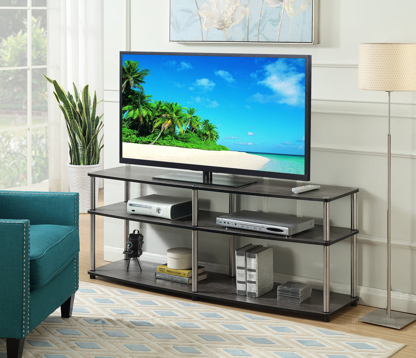Convenience Concepts Designs2Go No Tools 3 Tier Wide TV Stand for TVs up to 65 Inches, Weathered Gray