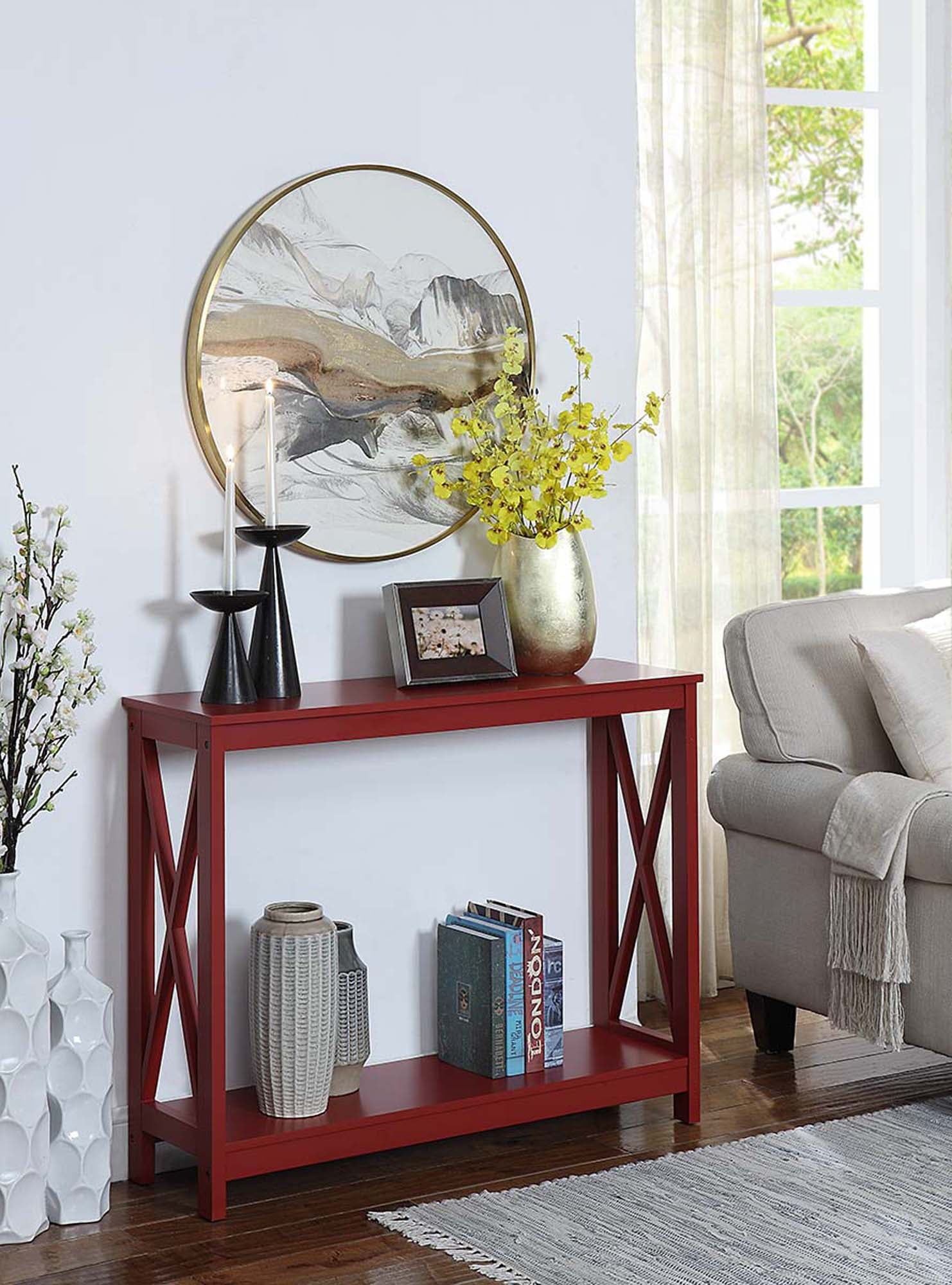 Convenience Concepts Oxford Console Table with Shelf, Cranberry Red