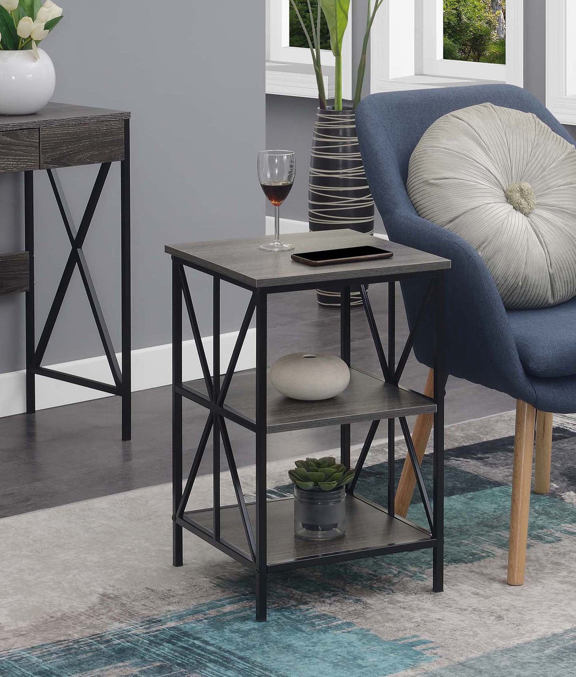 Convenience Concepts Tucson Starburst End Table with Shelves, Weathered Gray/Black