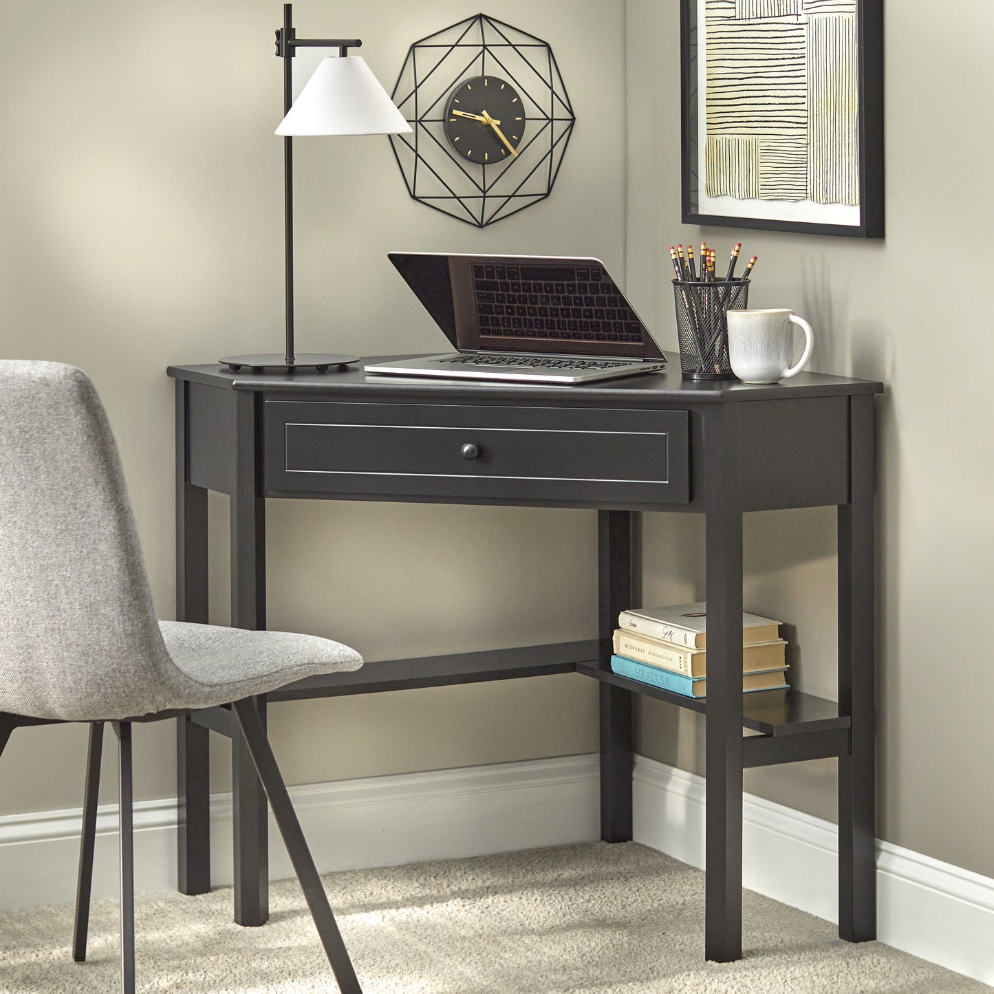 Corner Writing Desk with Pull-Out Drawer and Shelf in Black Finish