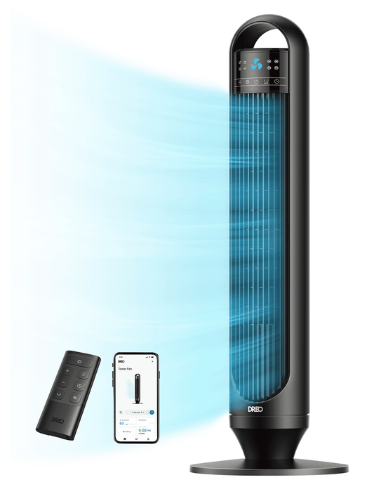 DREO 32-Inch Smart Tower Fan for Home, 26 ft/S Bladeless Fan with Remote, 90Â° Oscillating, 3 Modes, 3 Speeds, LED Display, 8H Timer, Quiet Room Fan