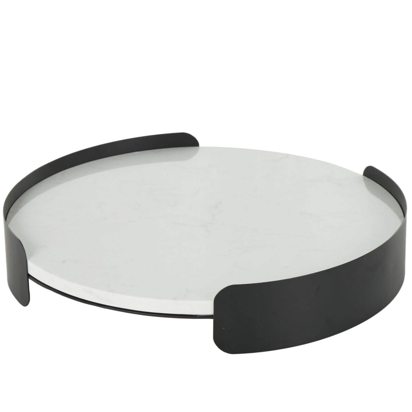 DecMode 16" x 16" White Marble Round Tray with Black Metal Frame, 1-Piece