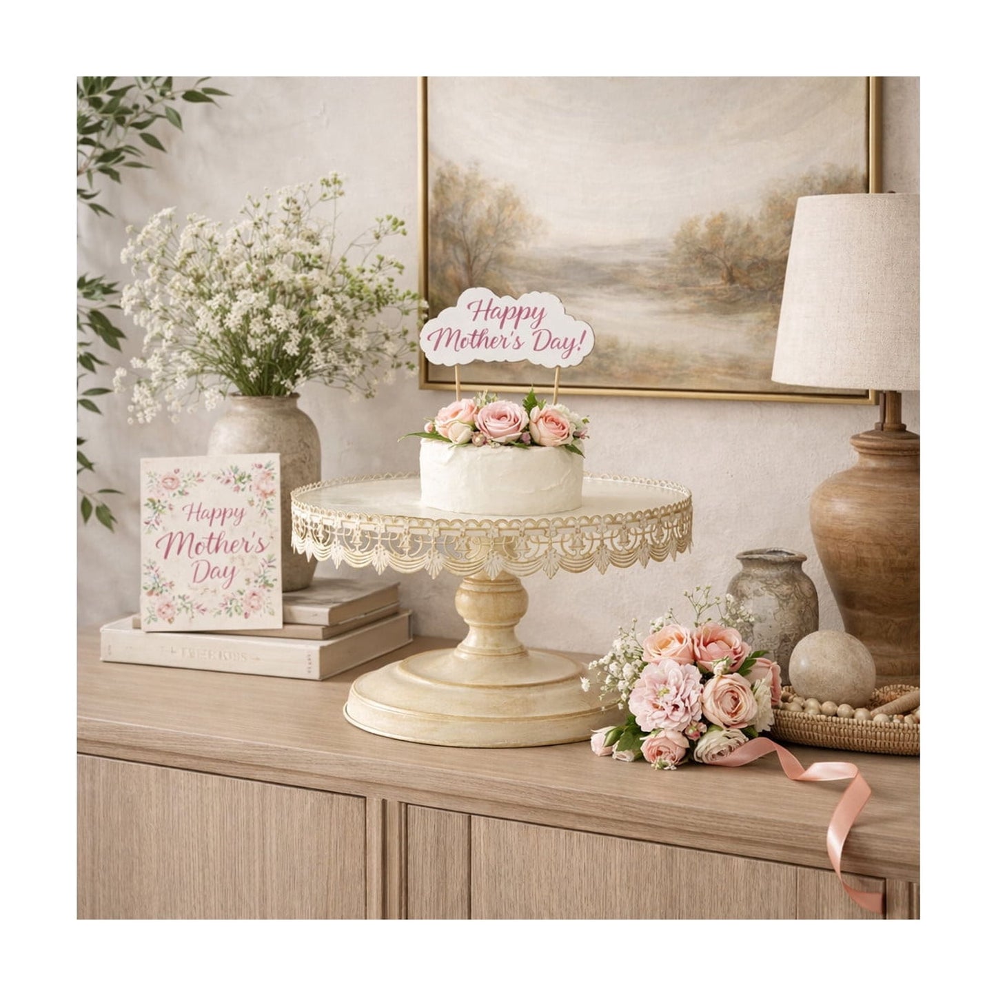 DecMode 16" x 9" Cream Metal Floral Decorative Stand with Lace Inspired Edge, 1-Piece