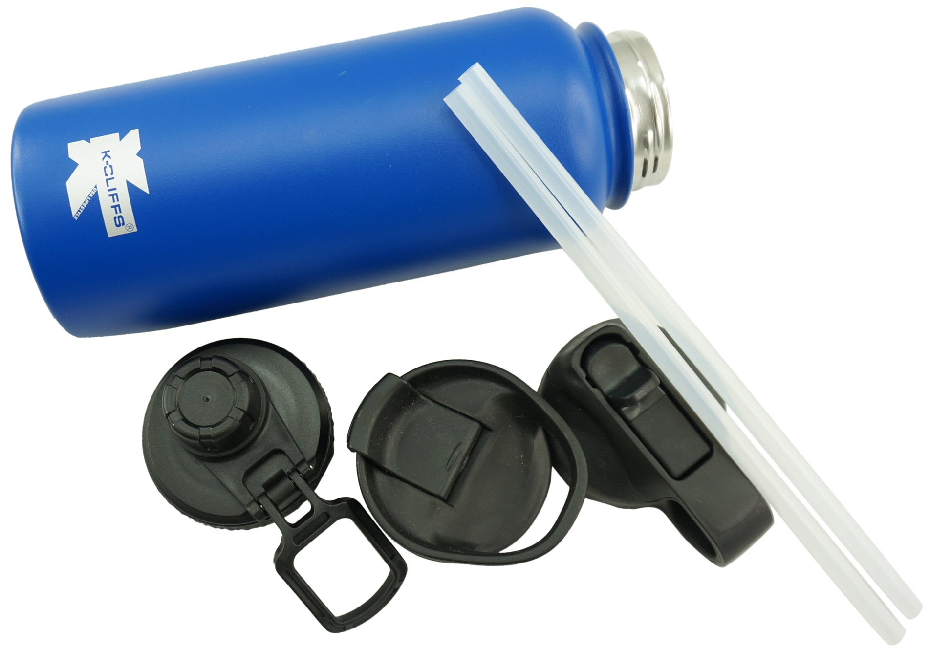 Double Wall  Water Bottle Vacuum Insulated Flask Stainless Steel  BPA Free 3 Lids Included Straw / Coffee / Sport Cap Blue 32oz