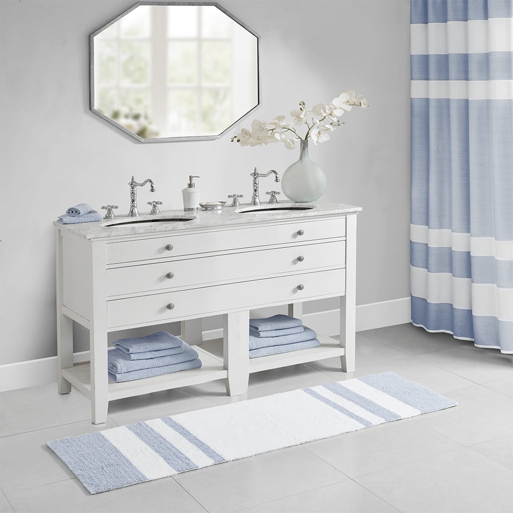 MAYEERTY 100% Medium Pile Cotton Reversible Bath Rug, Blue, 24"W x 72"L