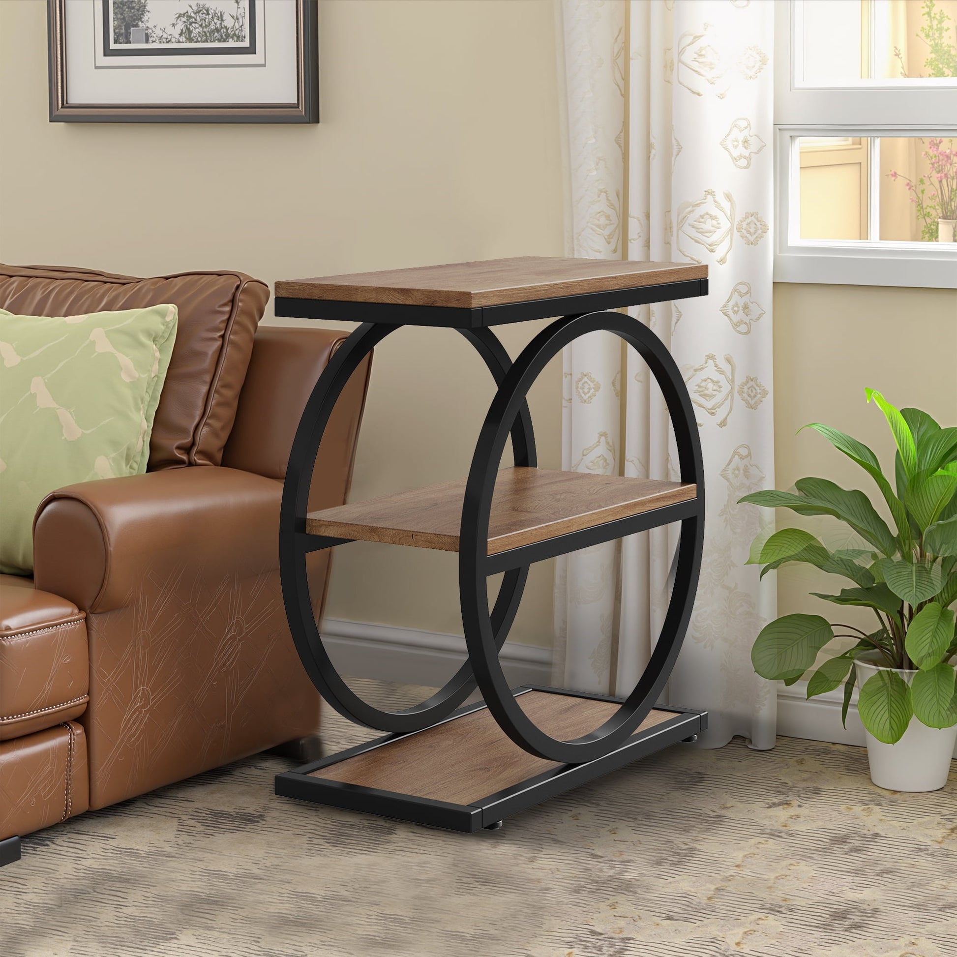 MAYEERTY Industrial 3-Tier Side Table, Slim End Table with Round Metal Frame, for Living Room, Bedroom & Outdoor Use