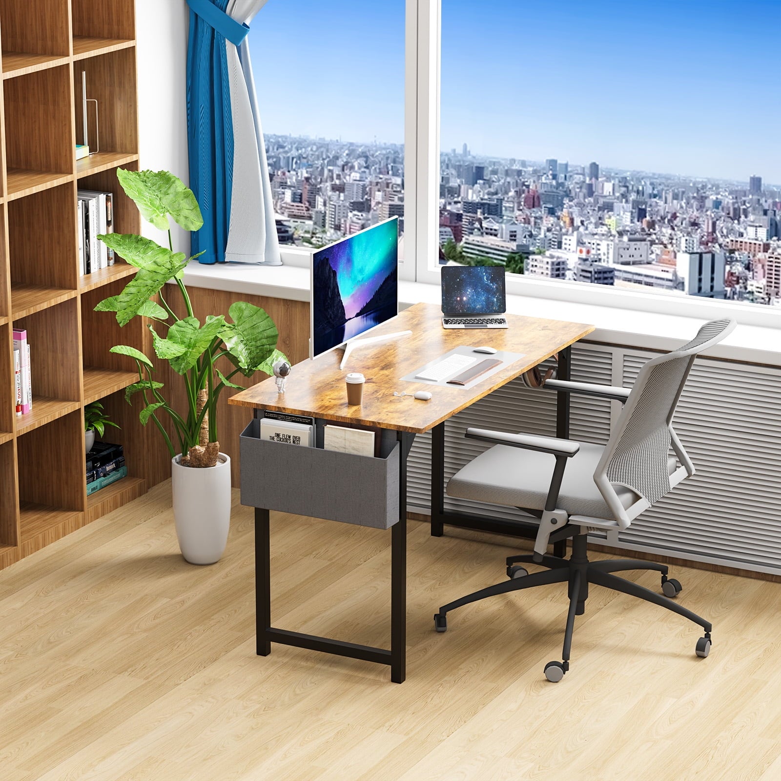 MAYEERTY 47 Inch Writing Desk with Fabric Drawers & Storage Bag, Modern Home Office Desk,Rustic