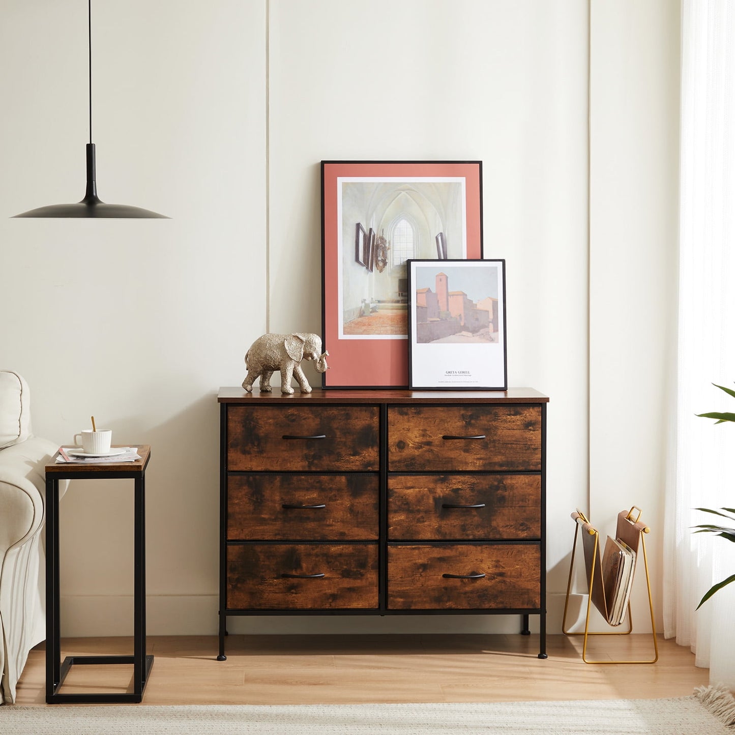 MAYEERTY 6 Drawers Dresser for Bedroom, Tall Fabric Closet Chests Organizer Tower Furniture with Wooden Top, Rustic