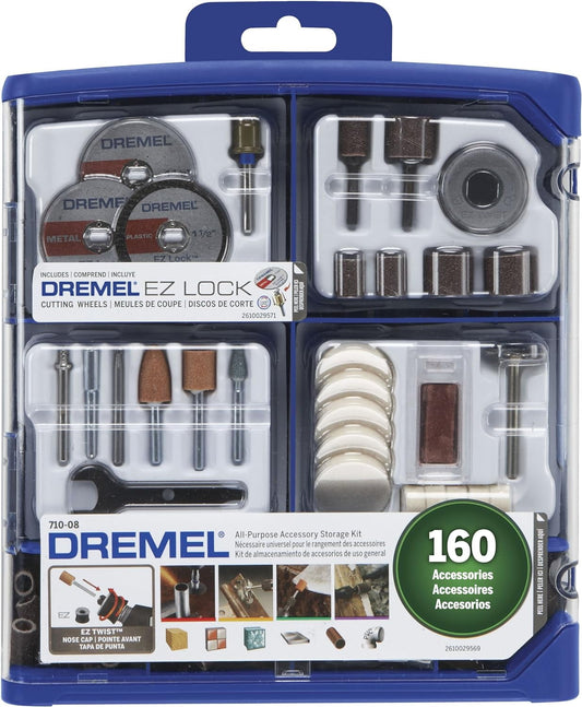 Dremel 710-08 160-Piece Rotary Tool Accessory Kit with Plastic Storage Case, EZ Lock Technology, Cutting Bits, Polishing Wheel and Compound, Sanding Disc and Drum, Carving, Sharpening, and Engraving