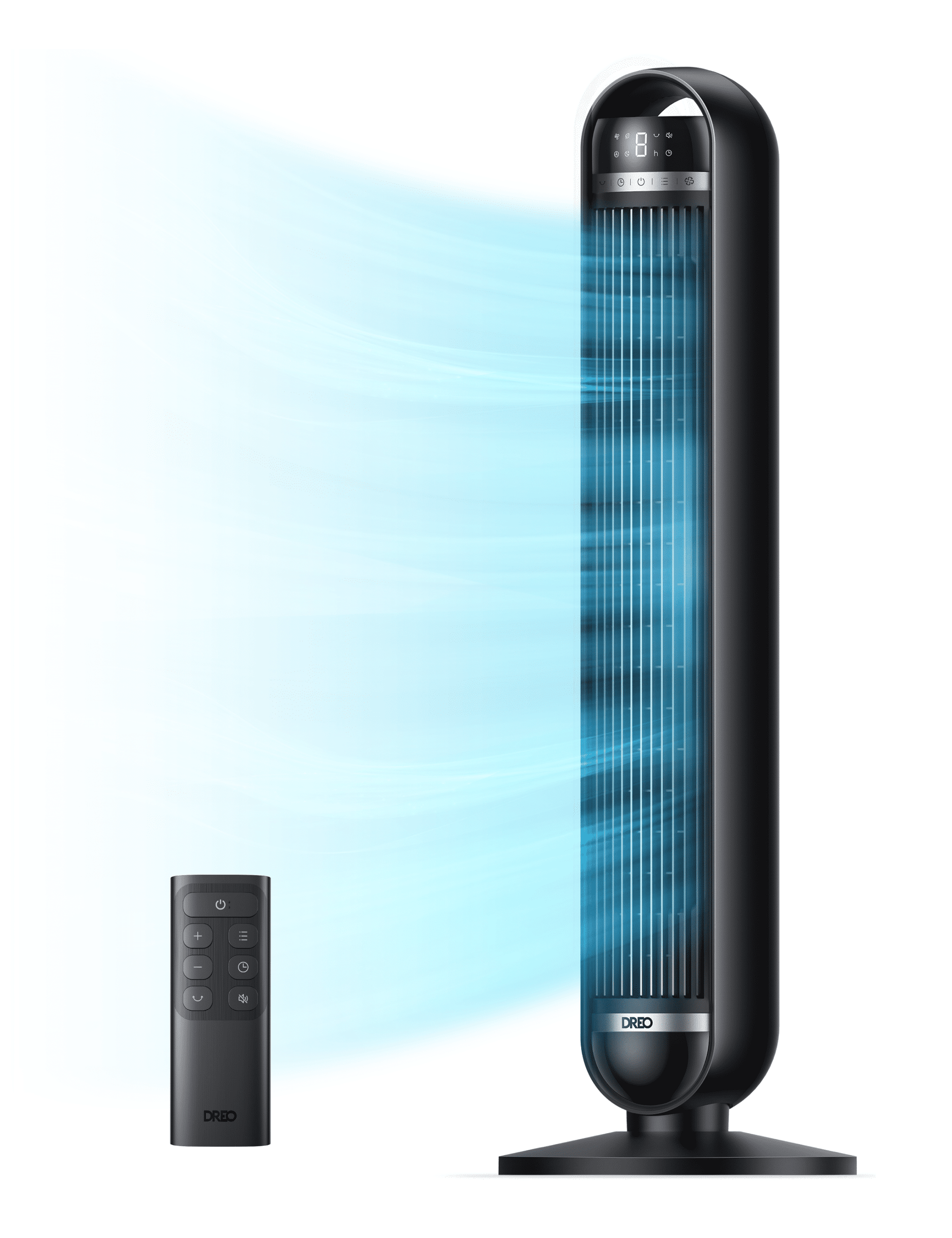DREO Tower Fan, 27ft/s Velocity Quiet Floor Fan, 90Â° Oscillating Fans for Indoors with 8 Speeds, 4 Modes, Remote Control, Standing Fans, Bladeless Fan, Black, Nomad DC