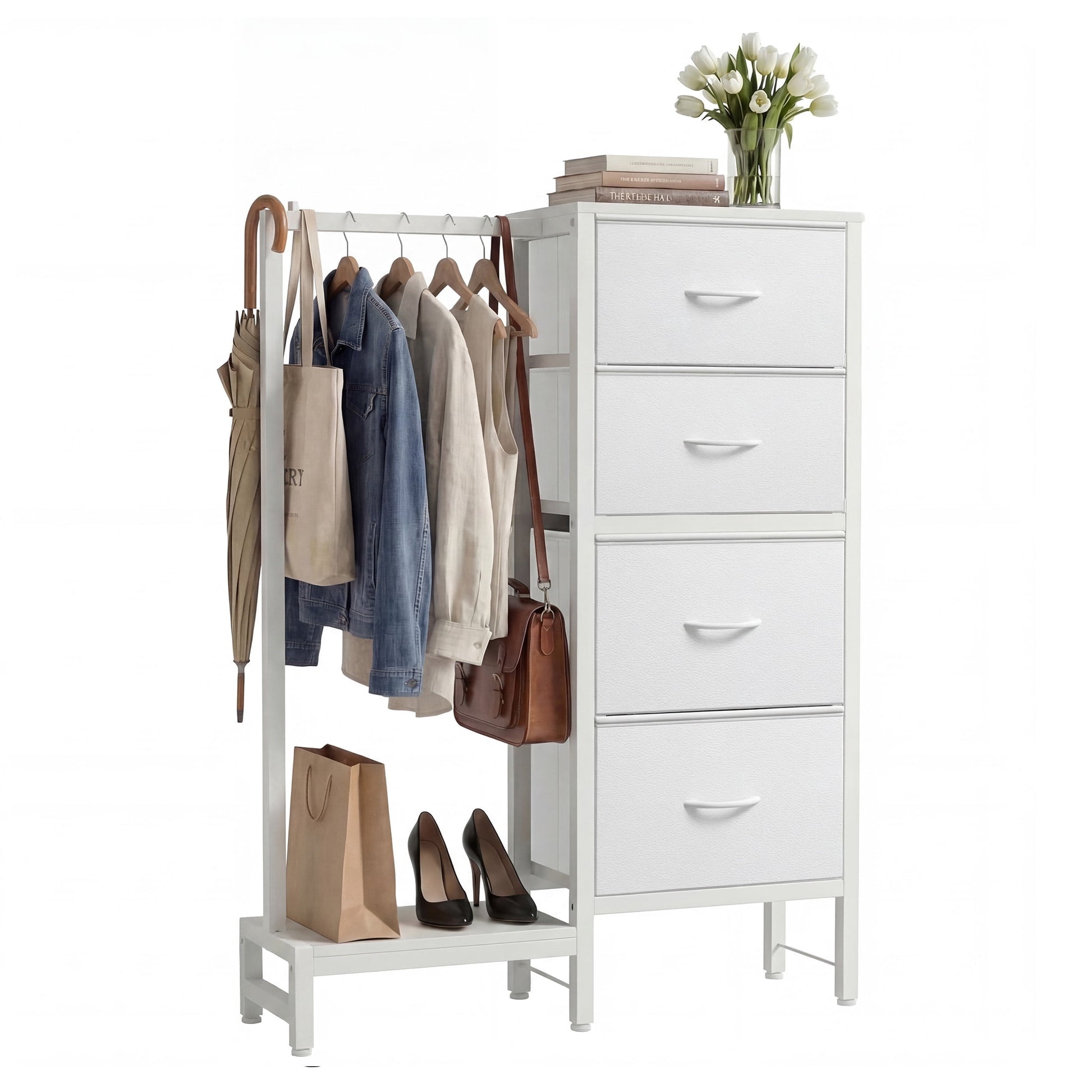 EDX 44"H Dresser with Hanging Rack, 4 Drawers Small Closet for Bedroom, Can be assembled by flipping left and righte Clothes Rack, Sturdy Frame, White