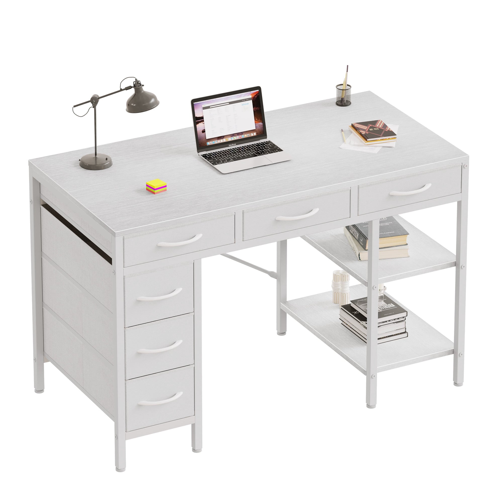 EDX 47 Inch Computer Desk with Fabric Drawers & Storage Shelves,Small Home Office Desk Study Table for Home office Bedroom,White