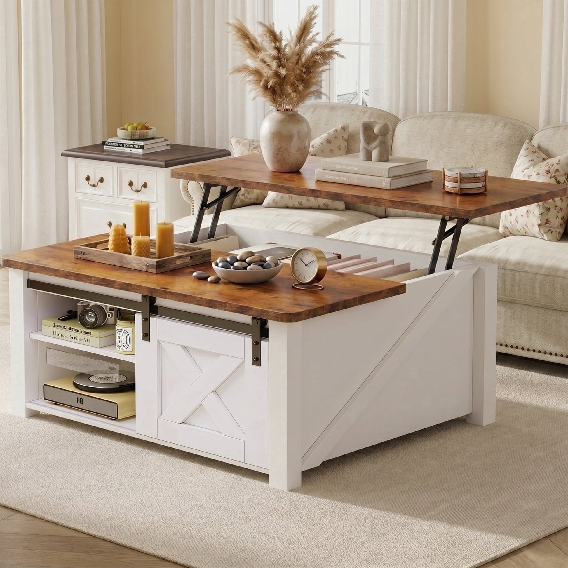 EDX Modern Lift Top Coffee Table with Hidden Storage & Adjustable Shelves, Square Farmhouse Center Table for Living Room, White
