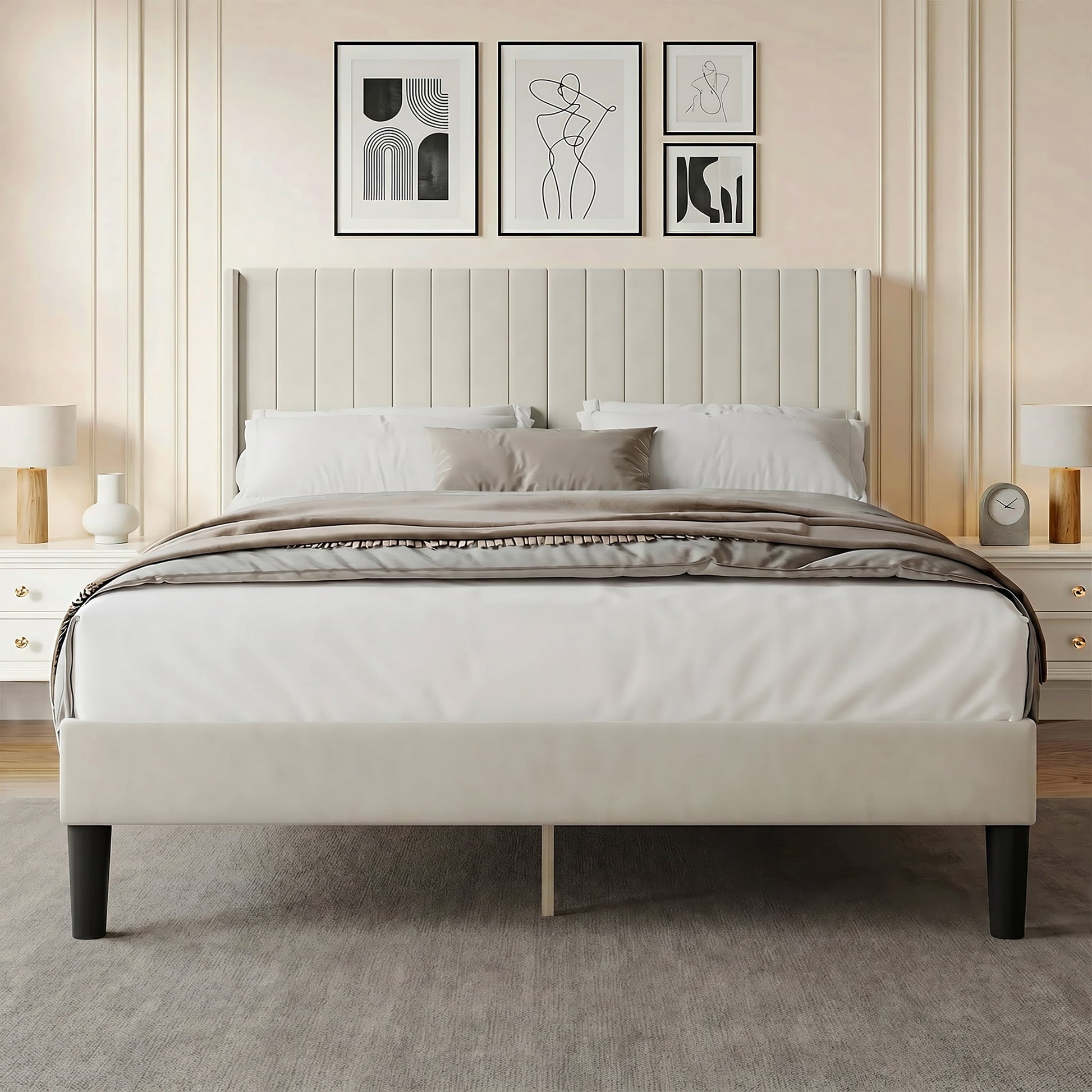EDX Queen Size Upholstered Platform Bed Frame with Padded Wingback Headboard, Modern Accent Bedroom Furniture, Beige Velvet