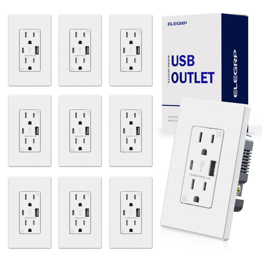 ELEGRP USB Charger Wall Outlet, USB Receptacle with Type A & Type C USB Ports, 15 Amp Duplex Tamper Resistant Receptacle, Wall Plate Included, UL Listedï¼ŒWhite,10PC
