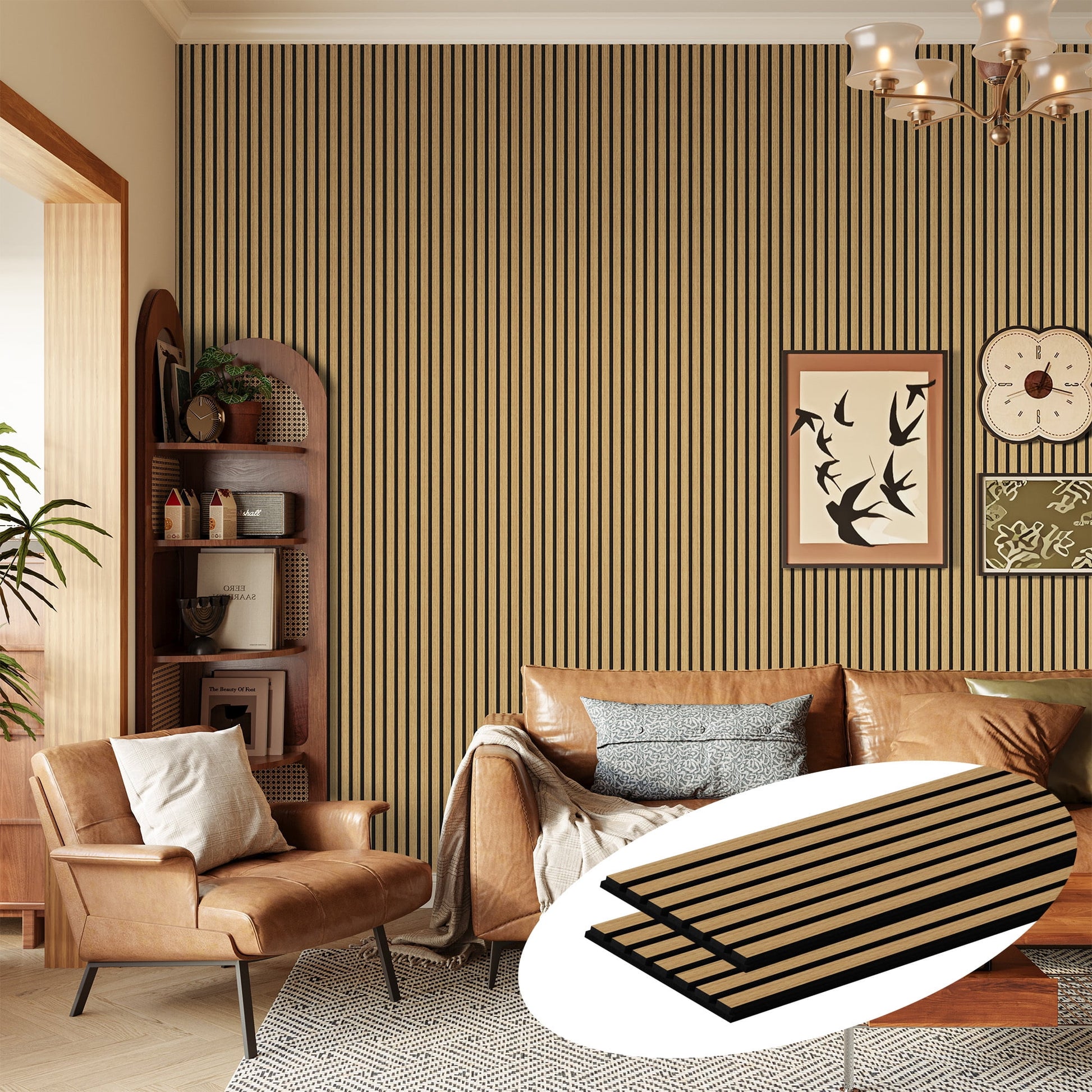 Easy4Home 2Pcs 106"x20.5" Wood Slat Acoustic Wall Panels, 3D Fluted Soundproof Decorative Panels for Interior Walls, American Oak