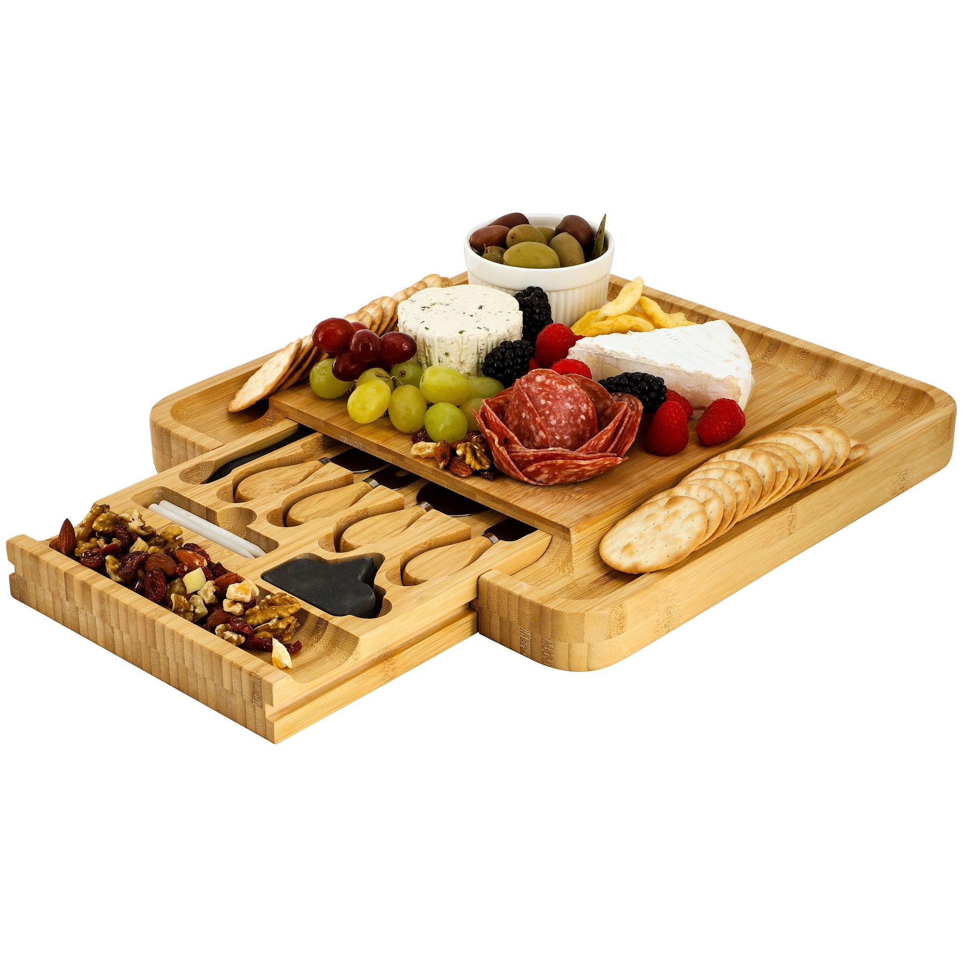 Elama Bamboo Charcuterie Cheese Board with Slide Out Drawer with Cheese Utensils, Bottle Opener, and 3 Piece Mini Chalkboard Set