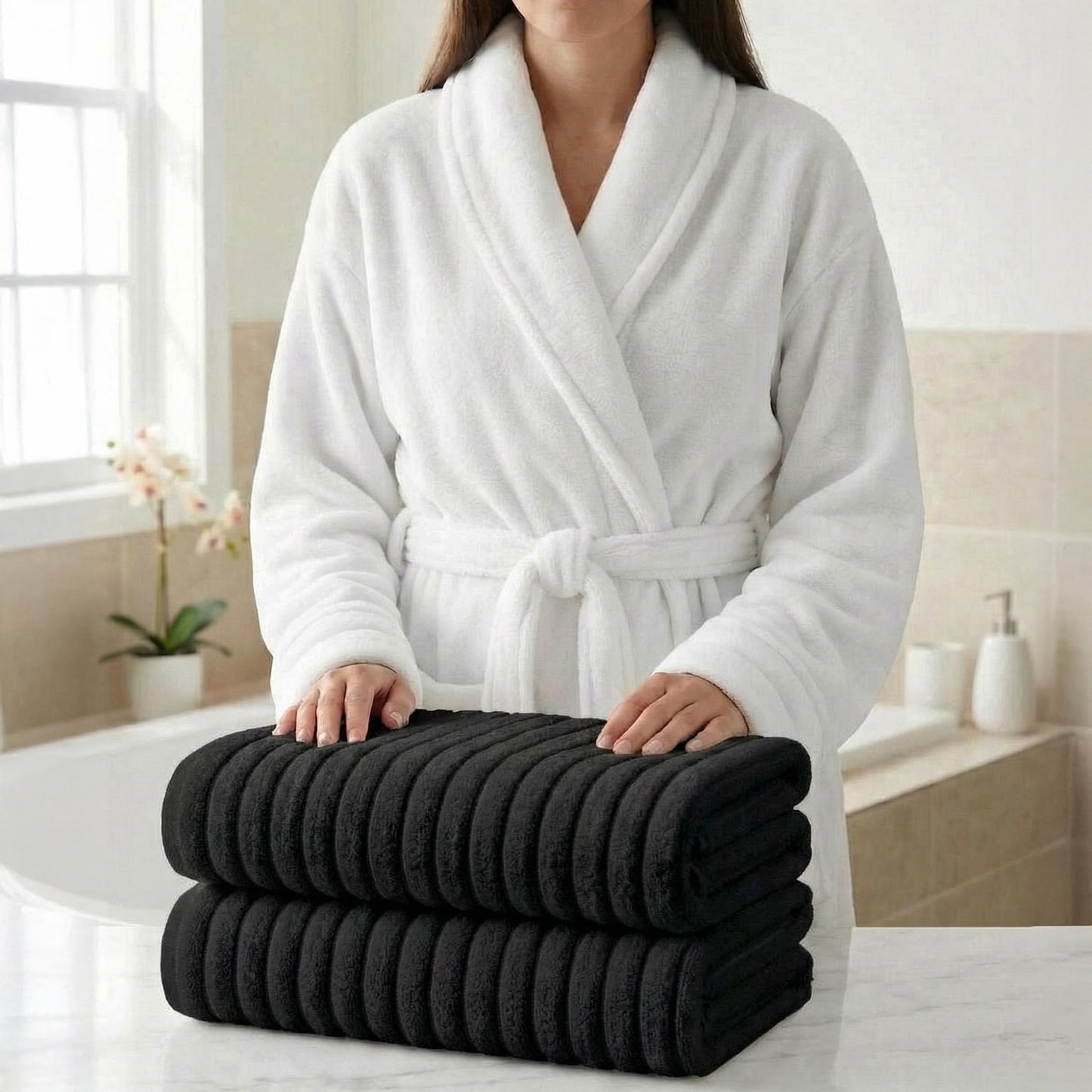 Elegant Comfort 3-Piece Spa Bath Set â€“ Plush Bathrobe & 2 Ribbed Bath Towels, Thick Absorbent Hotel Quality Bathroom Essentials, Black Bath Towel, White Robe ,Medium
