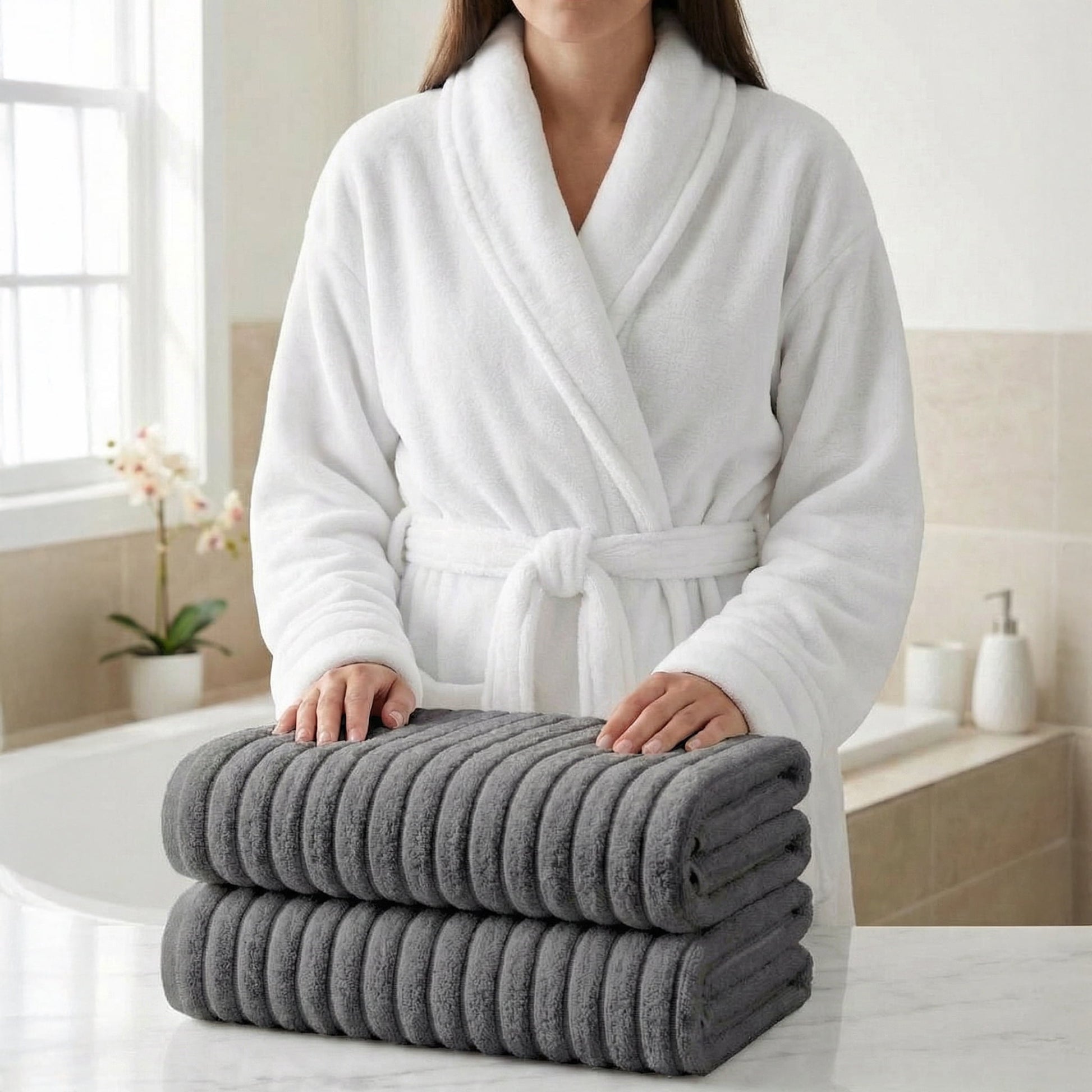 Elegant Comfort 3-Piece Spa Bath Set â€“ Plush Bathrobe & 2 Ribbed Bath Towels, Thick Absorbent Hotel Quality Bathroom Essentials, Gray Bath Towel, White Robe ,Large
