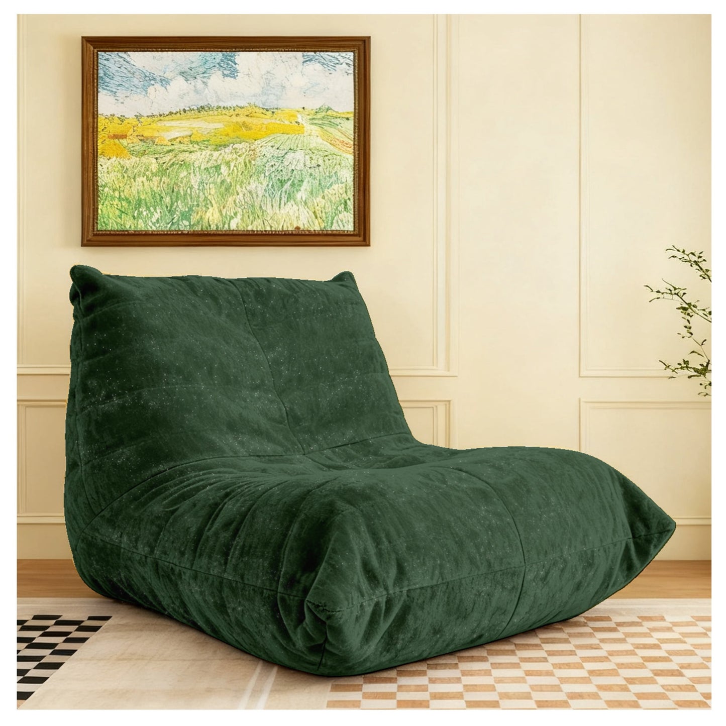 Ergonomic Bean Bag Chair with 5-Way Body Support, Oversized Floor Lounger with Shiny Chenille Fabric, Cozy Sofa for Living Room, Reading Nook, Dark Green