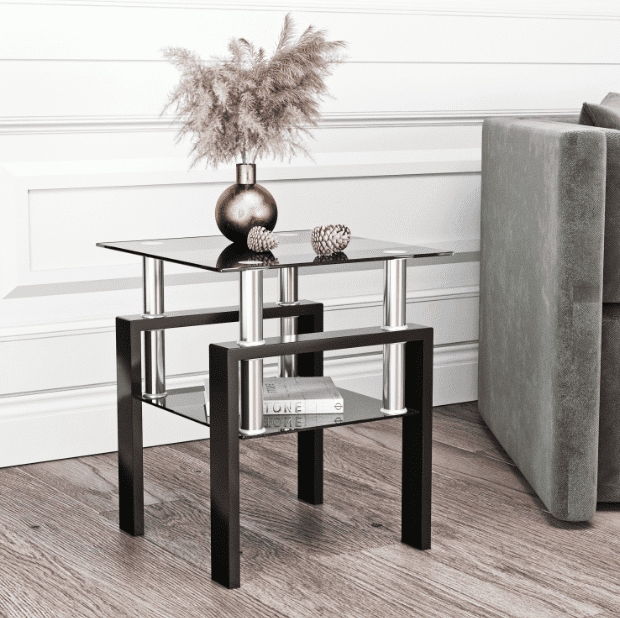 Euroco 1-Piece Modern Tempered Glass Tea Table Coffee Table End Table, Square Table for Living Room, Black