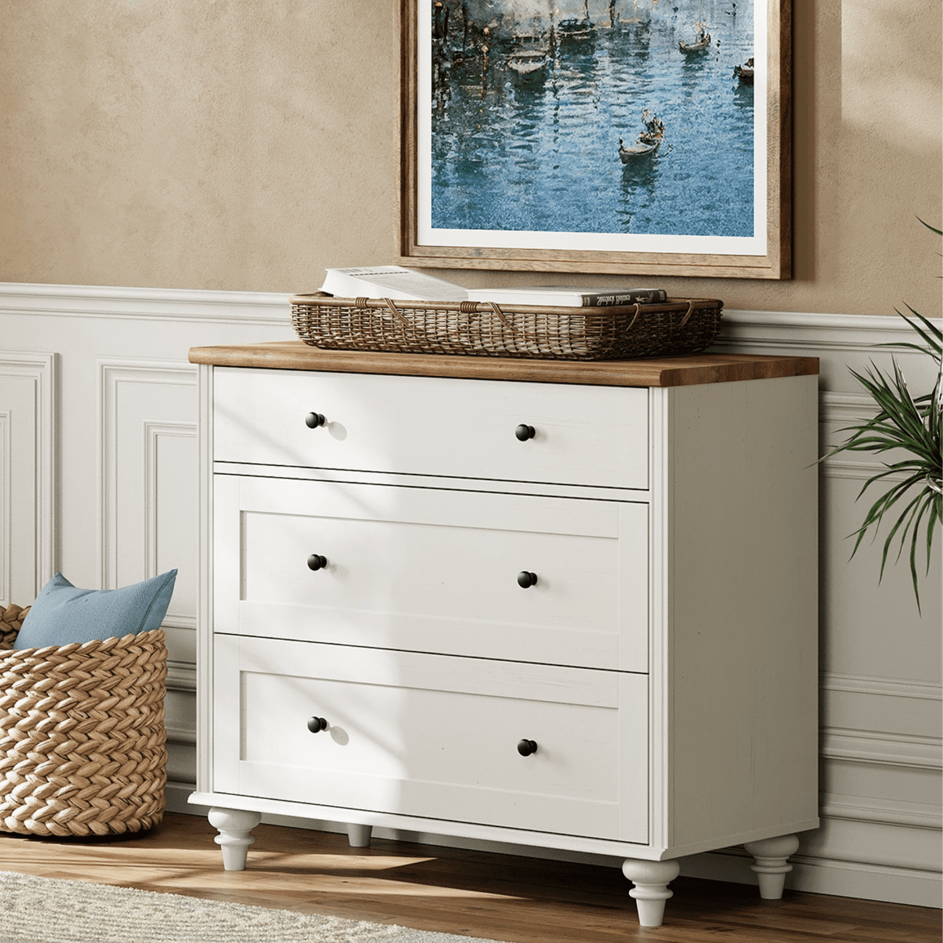 Farmhouse Dresser for Bedroom with 3 Drawers, Mid Century Modern Kids Dressers with Wood Closet Storage Organizer, Small Dressers for Nursery, Hallway, Living Room, Antique White