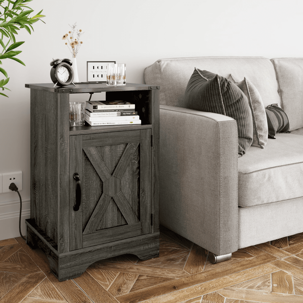 Farmhouse Wooden Nightstand with UL Certified Charging Station, 16"DÃ—16"WÃ—25"H Rustic Storage End Table with Cabinet Open Shelf for Bedroom Living Room Office