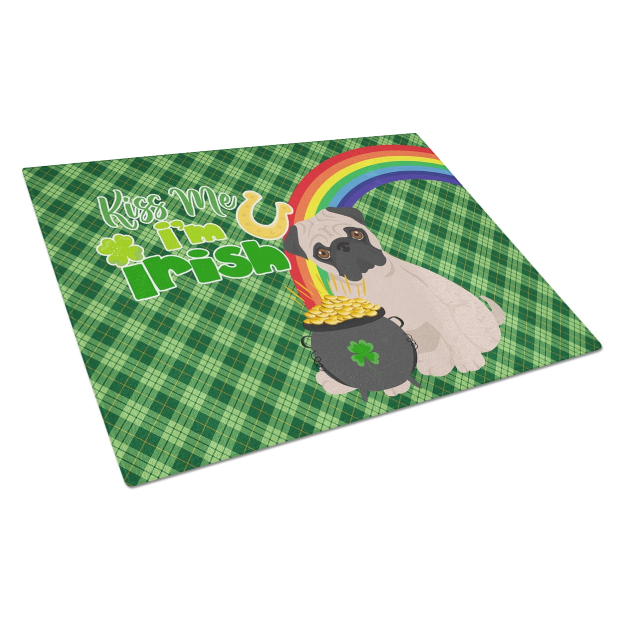 Fawn Pug St. Patrick's Day Glass Cutting Board Large 12 in x 15 in