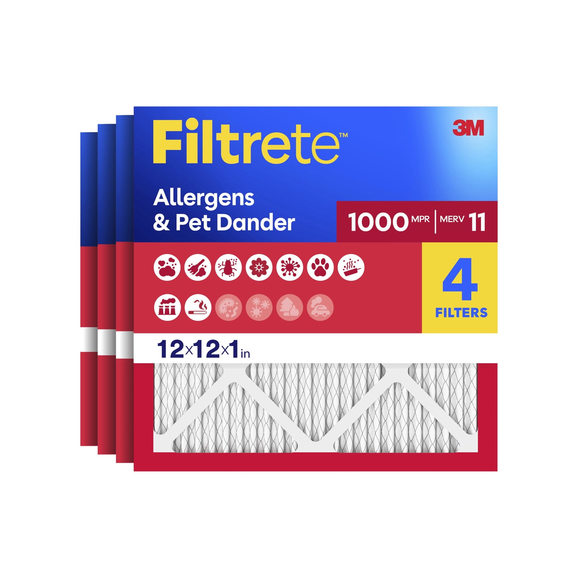 Filtrete 12x12x1 HVAC Furnace Air Filter, MPR 1000 MERV 11, Allergens & Pet Dander, 4 Pack