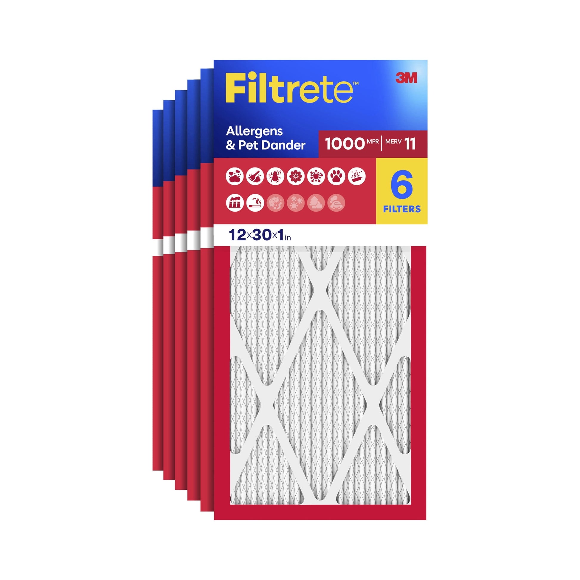 Filtrete 12x30x1 HVAC Furnace Air Filter, MPR 1000 MERV 11, Allergens & Pet Dander, 6 Pack