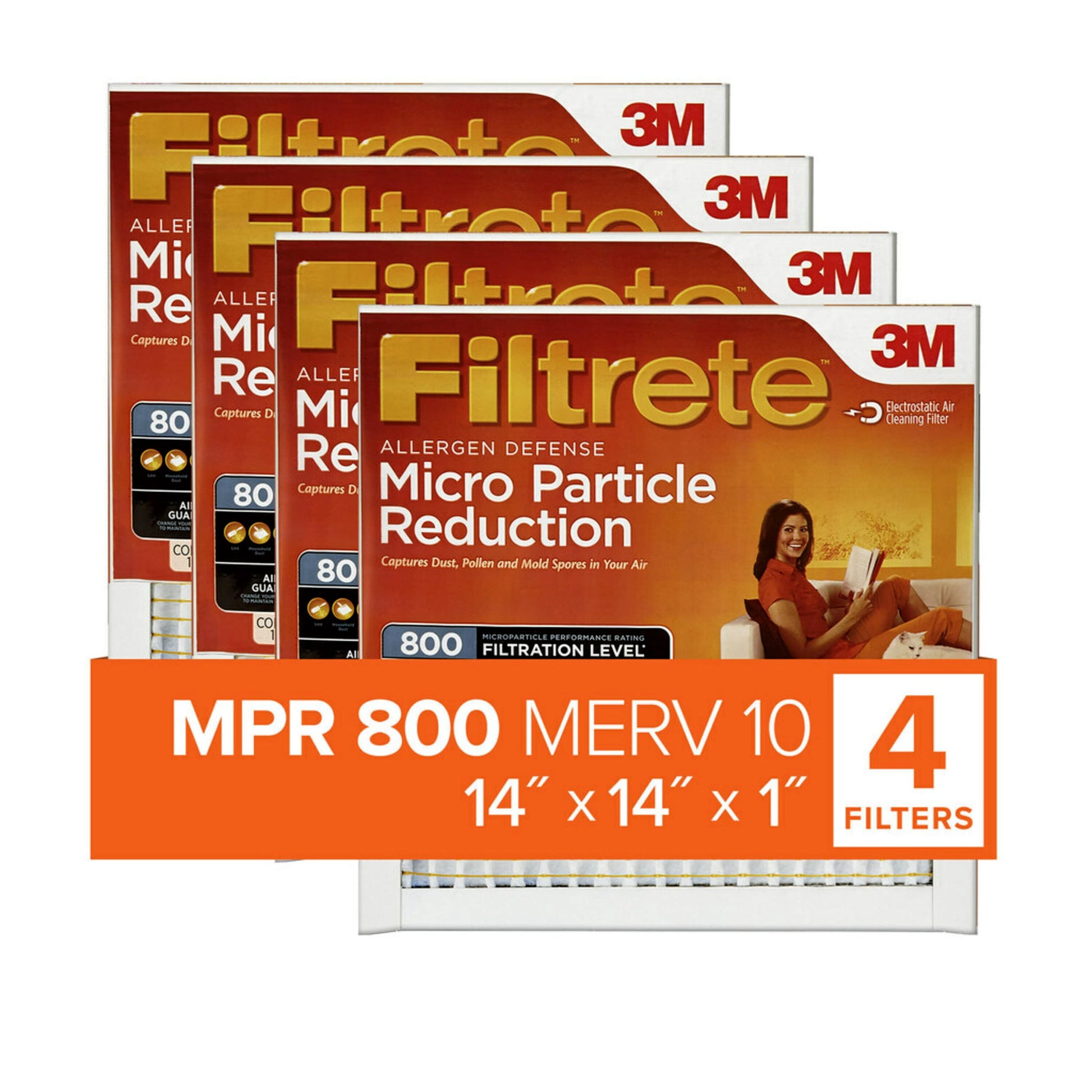 Filtrete 14x14x1 HVAC Furnace Air Filter, MPR 800 MERV 10, Micro Particle Reduction, 4 Pack