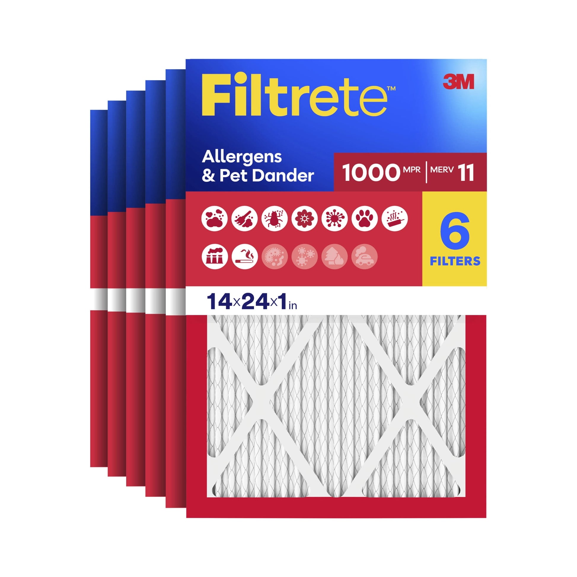 Filtrete 14x24x1 HVAC Furnace Air Filter, MPR 1000 MERV 11, Allergens & Pet Dander, 6 Pack