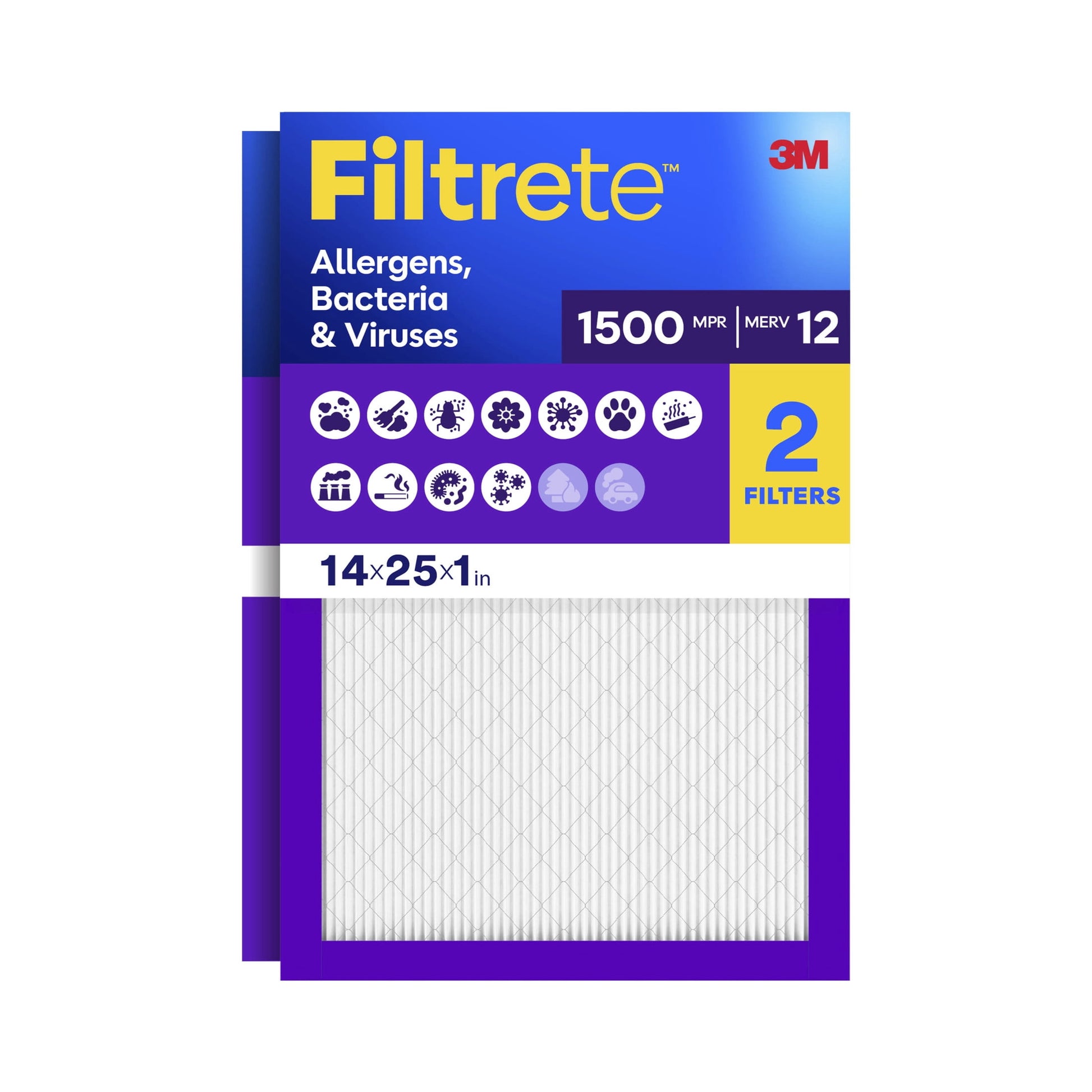 Filtrete 14x25x1 HVAC Furnace Air Filter, MPR 1500 MERV 12, Allergens, Bacteria & Viruses, 2 Pack