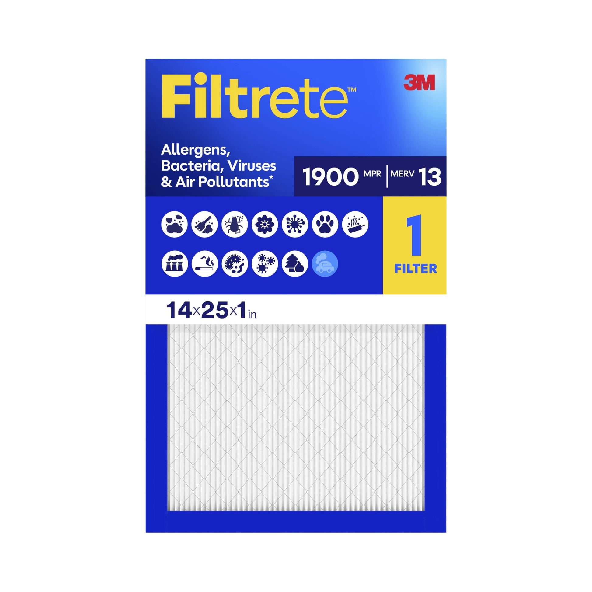 Filtrete 14x25x1 HVAC Furnace Air Filter, MPR 1900 MERV 13, Allergens Bacteria, Viruses & Air Pollutants, 1 Filter