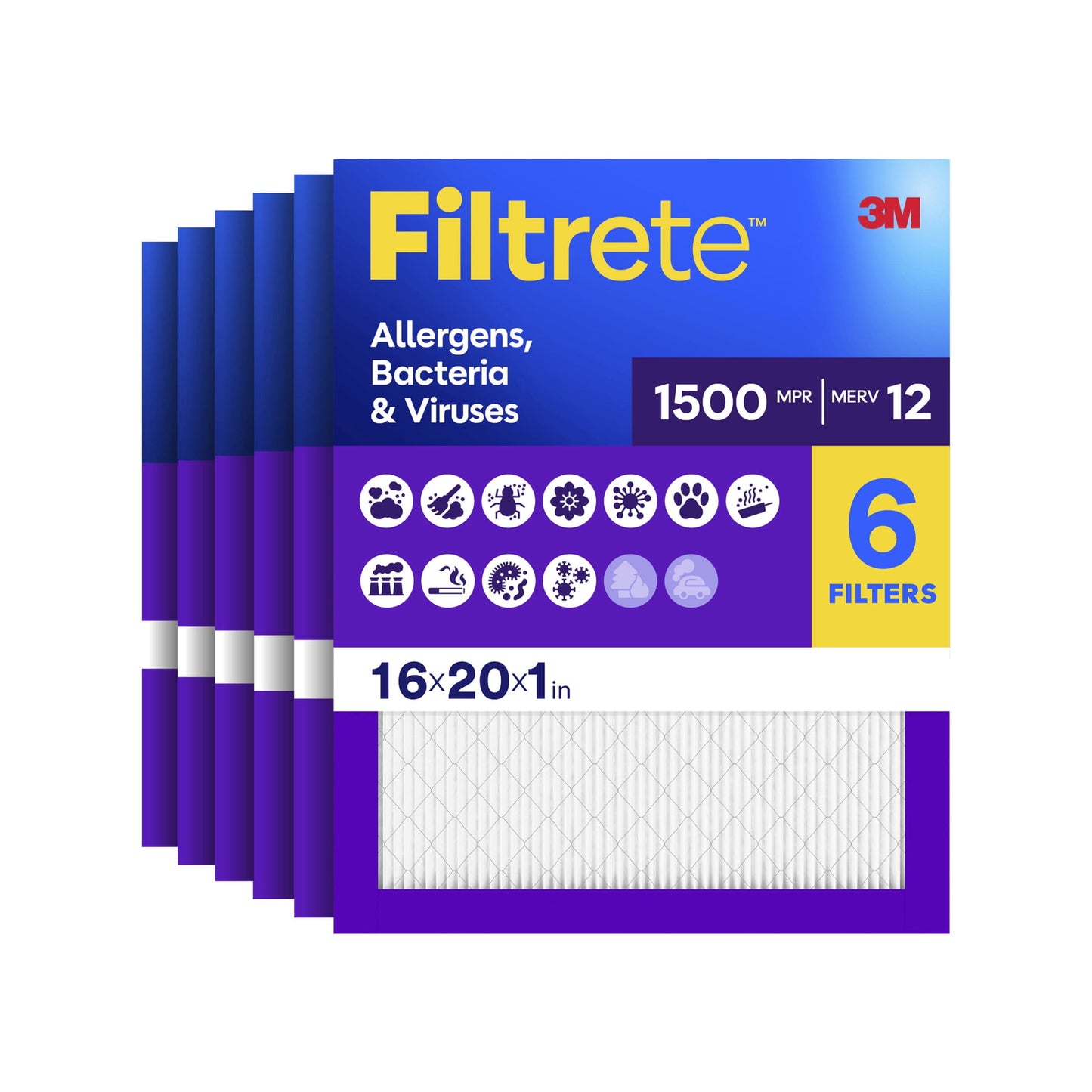 Filtrete 16x20x1 HVAC Furnace Air Filter, MPR 1500 MERV 12, Allergens, Bacteria & Viruses, 6 Pack