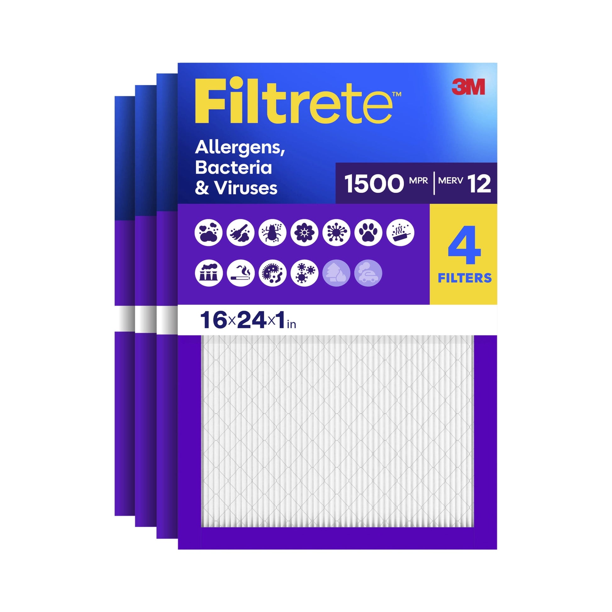 Filtrete 16x24x1 HVAC Furnace Air Filter, MPR 1500 MERV 12, Allergens, Bacteria & Viruses, 4 Pack