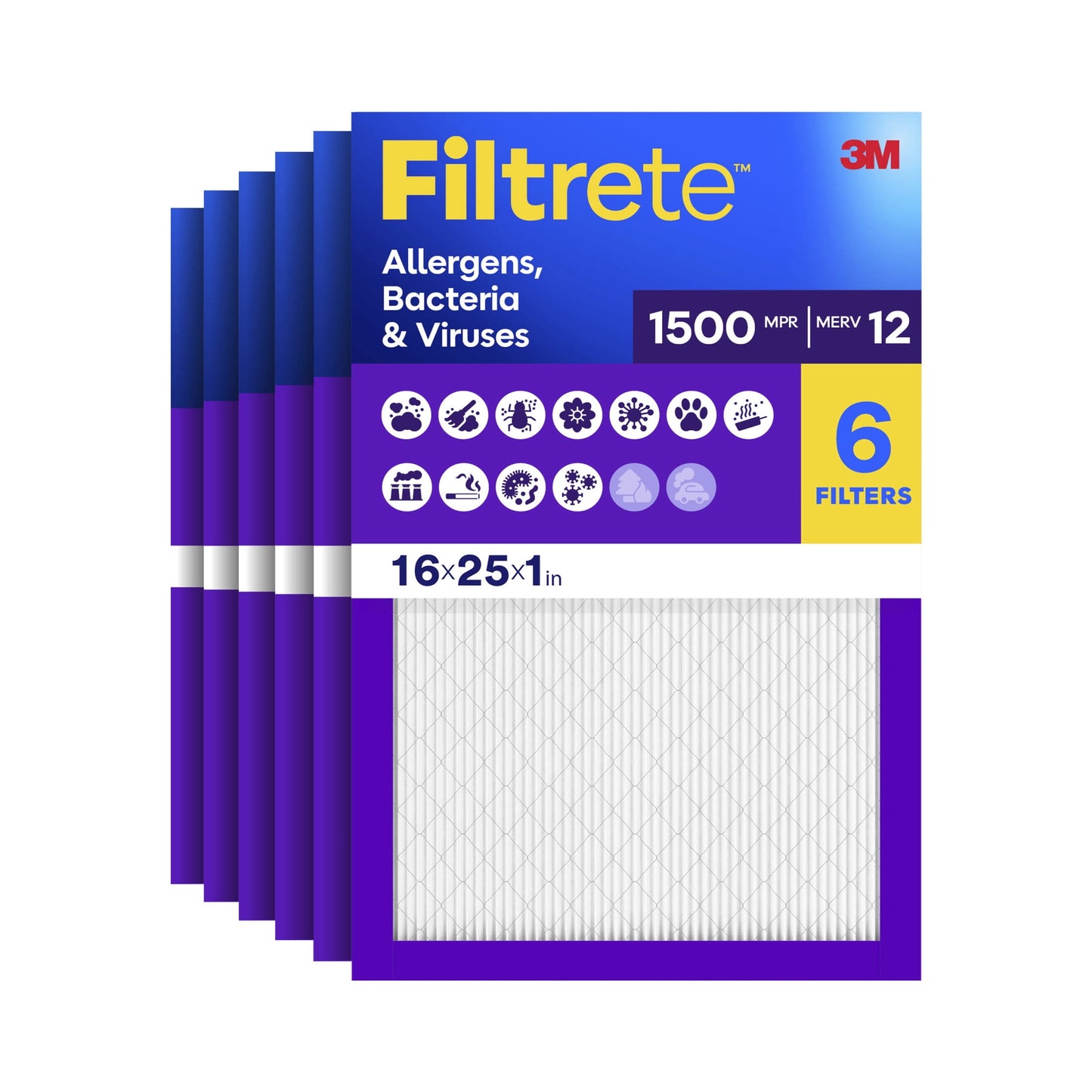Filtrete 16x25x1 HVAC Furnace Air Filter, MPR 1500 MERV 12, Allergens, Bacteria & Viruses, 6 Pack