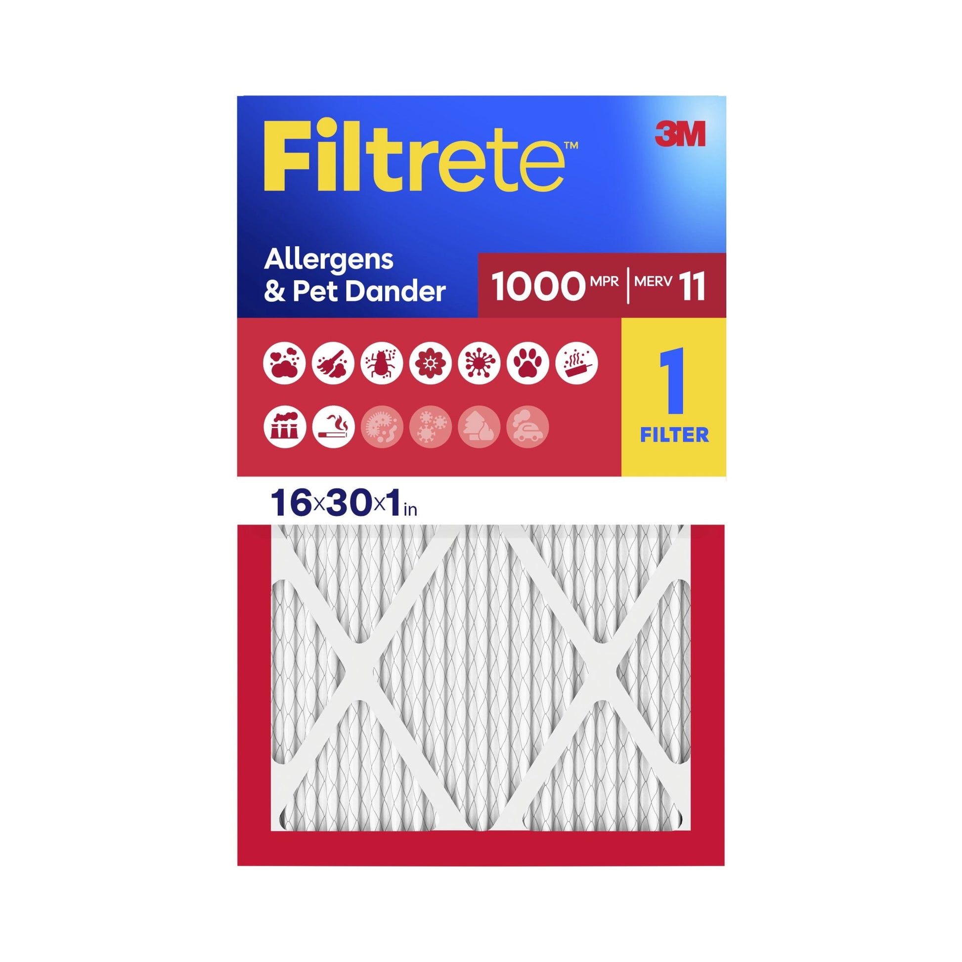 Filtrete 16x30x1 HVAC Furnace Air Filter, MPR 1000 MERV 11, Allergens & Pet Dander, 1 Filter