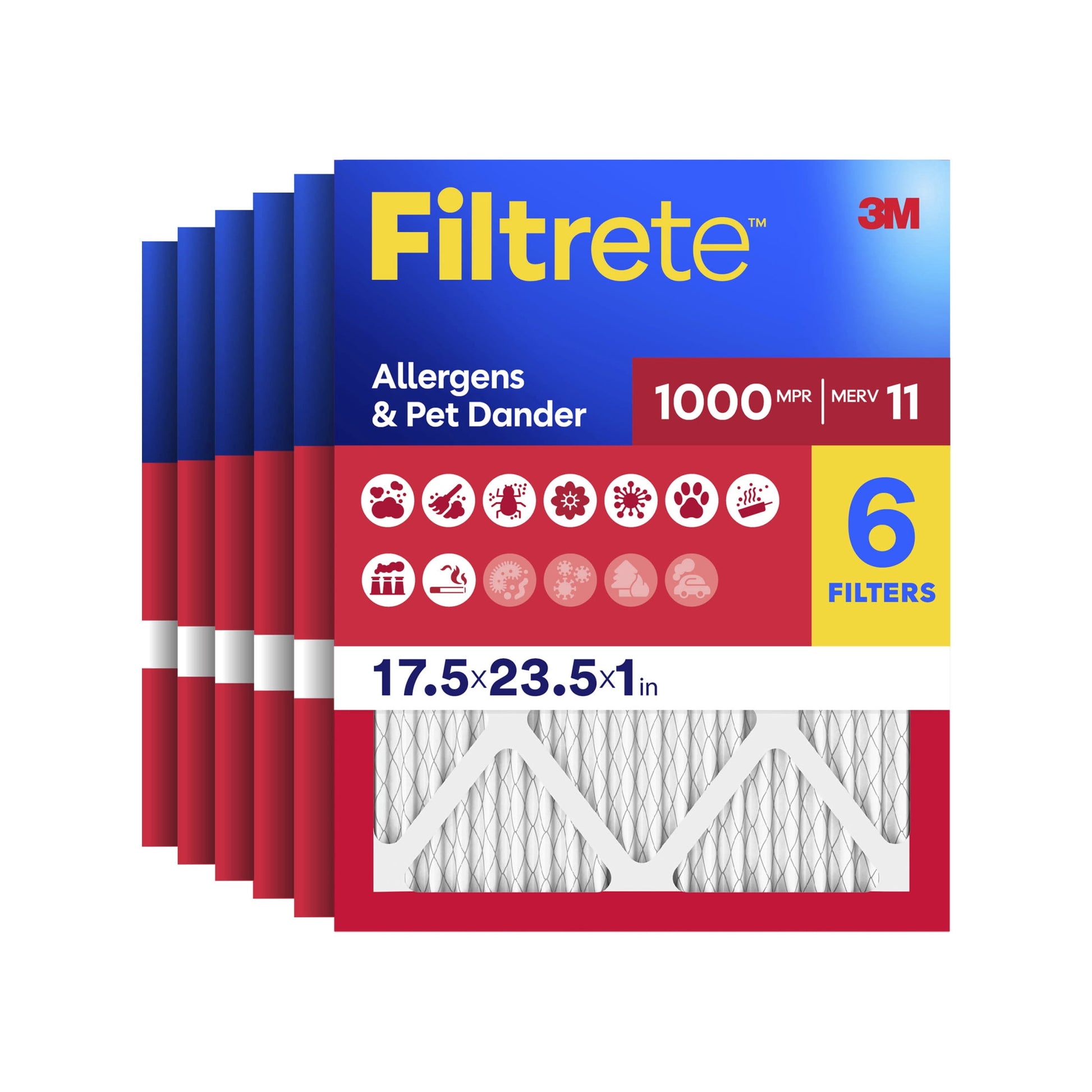 Filtrete 17.5x23.5x1 HVAC Furnace Air Filter, MPR 1000 MERV 11, Allergens & Pet Dander, 6 Pack