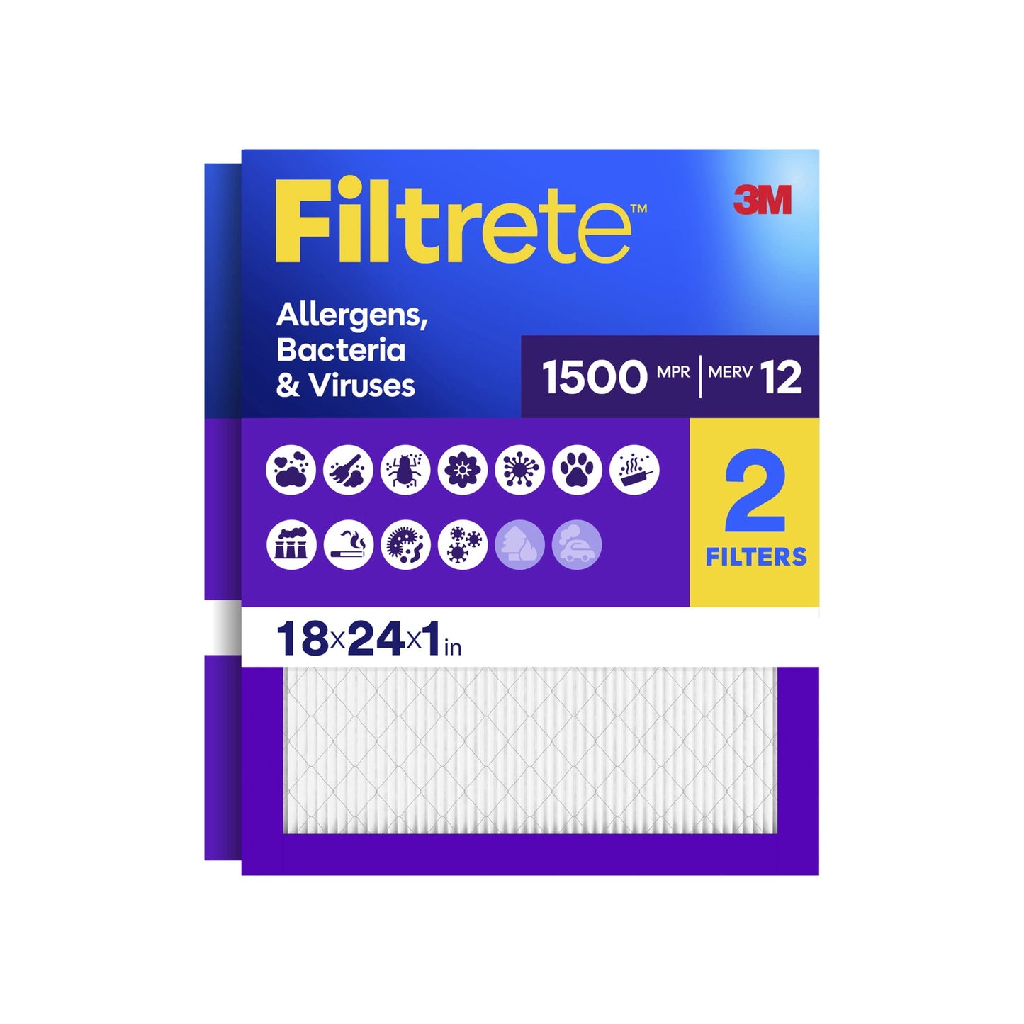 Filtrete 18x24x1 HVAC Furnace Air Filter, MPR 1500 MERV 12, Allergens, Bacteria & Viruses, 2 Pack