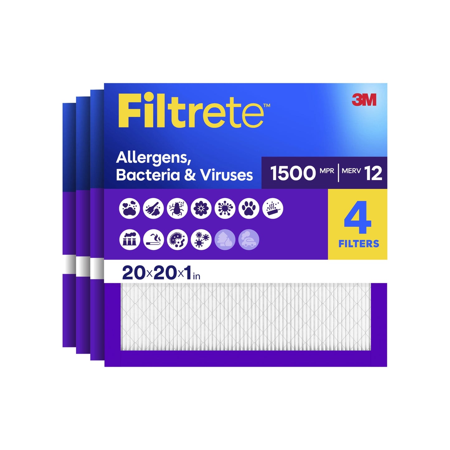 Filtrete 20x20x1 HVAC Furnace Air Filter, MPR 1500 MERV 12, Allergens, Bacteria & Viruses, 4 Pack