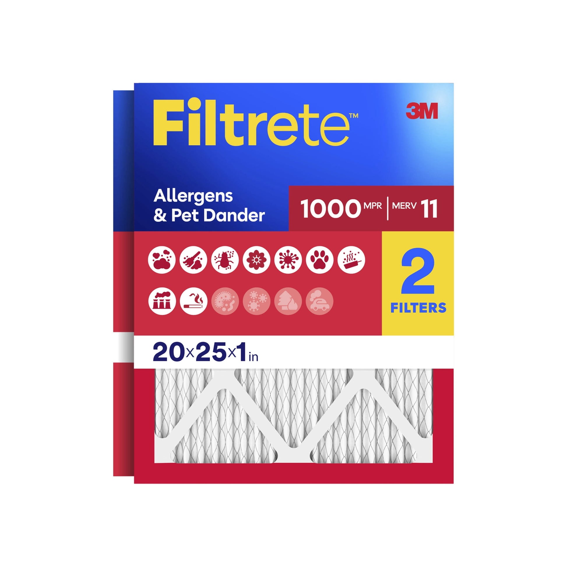 Filtrete 20x25x1 HVAC Furnace Air Filter, MPR 1000 MERV 11, Allergens & Pet Dander, 2 Pack